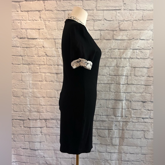 Mind Code Black Dress w Crochet Lace Collar Bodycon Knit Stretch Garden Botanist - Picture 8 of 12
